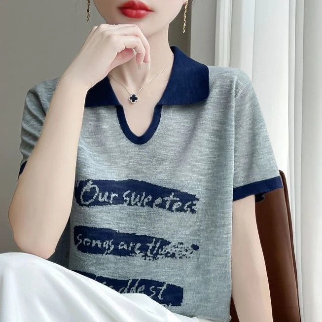 竹节麻夏季薄款polo领针织上衣女2025新款刺绣撞色短袖爆款..618