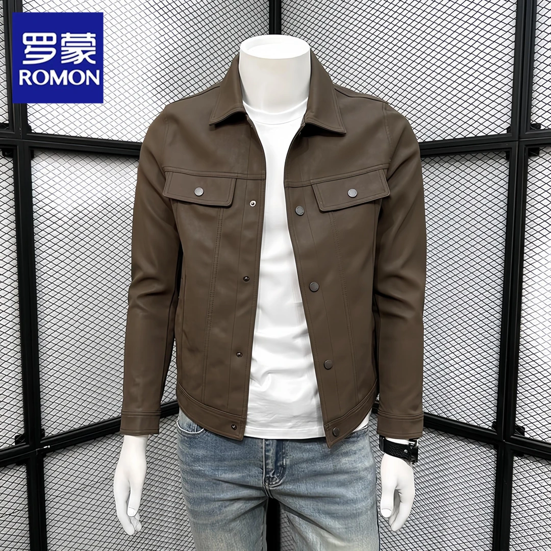 Romon/罗蒙复古皮衣外套男士新款春秋季翻领痞帅休闲时尚百搭夹克