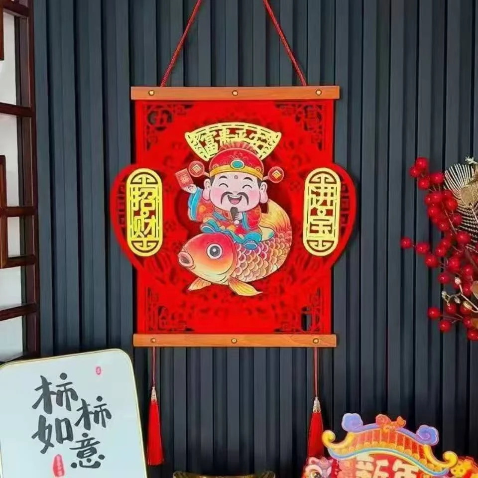 2026新款摇头财神绒布新年福字客厅挂饰立体过年春节喜庆装饰挂件