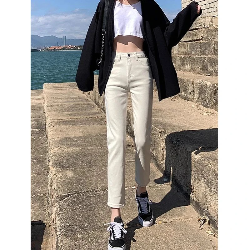 2025新款杏色烟管软牛仔裤女小直筒修身显瘦小个子窄版直筒法棍裤