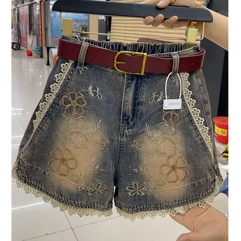 2025夏季薄款蕾丝刺绣花朵牛仔短裤小个子高腰弹力宽松显瘦热裤女