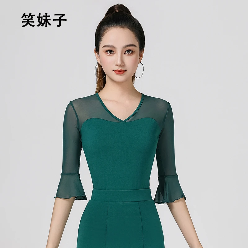 新款拉丁舞舞蹈练功服中袖女成年上衣夏季跳舞交谊舞服国标摩登舞