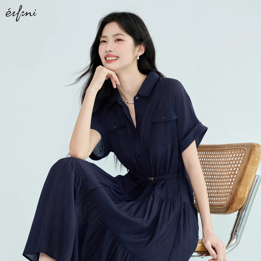 伊芙丽醋酸腰带收腰衬衫式连衣裙女25夏季A摆通勤蛋糕裙1G5993351