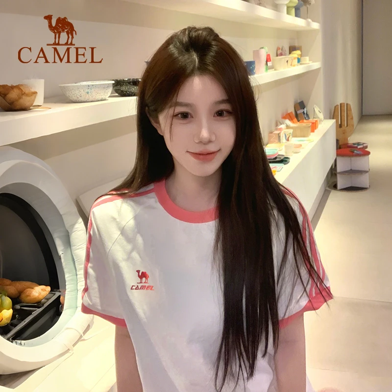 骆驼斑马线图案T恤宽松休闲短袖运动风纯棉上衣男女夏季情侣款