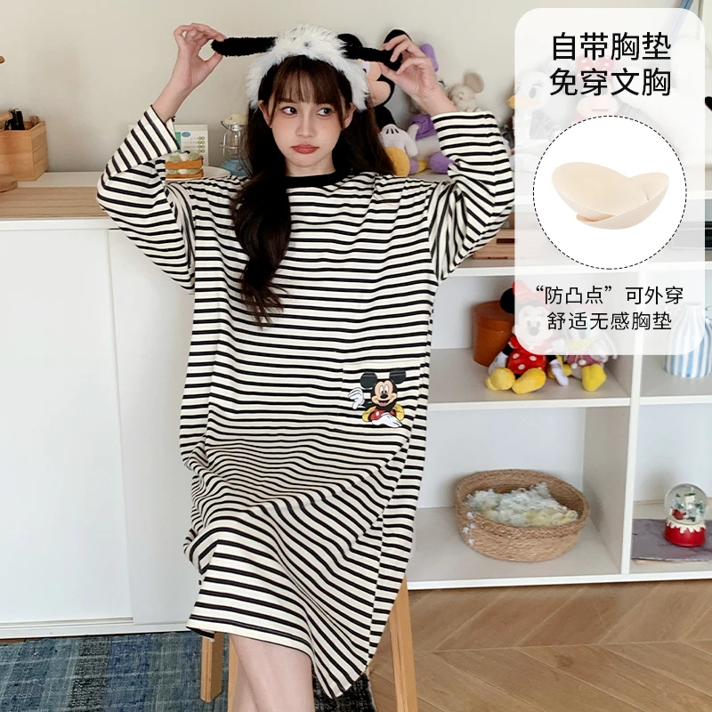 Disney/迪士尼春秋新款套头长袖带胸垫睡衣女简约家居服睡裙0159