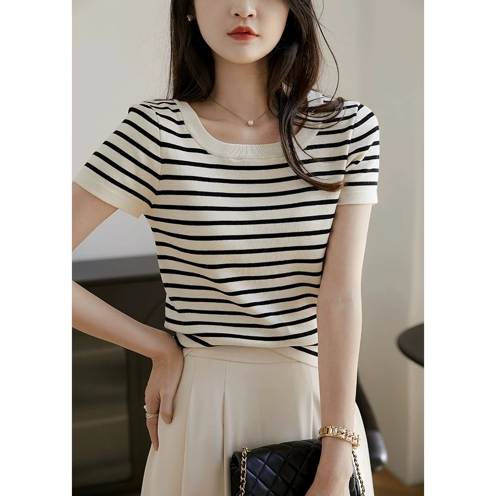B 门店42&9！线谱T恤」经典黑白条纹莱赛尔天丝短袖针织上衣女T4615