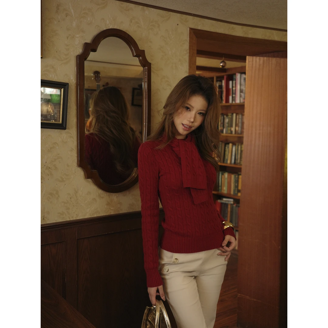 Lekii 复古气质修身遮肉围巾打底女秋冬法式长袖显瘦毛衣KXB20359