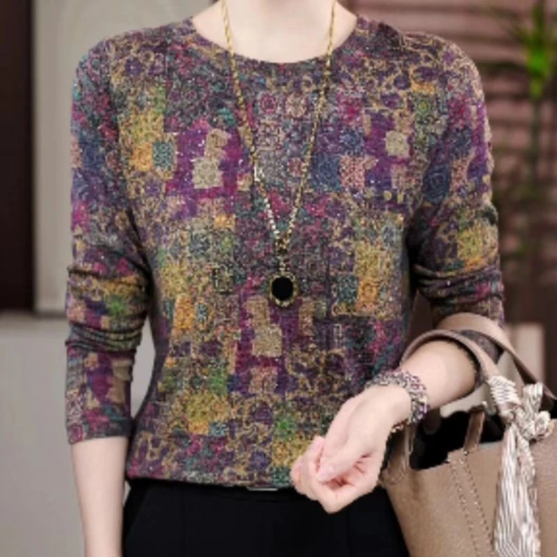 高档妈妈装打底衫同款加厚保暖有弹力中老年撒银内搭印花上衣