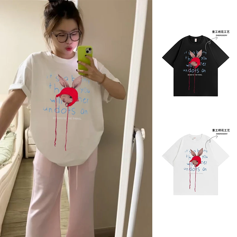 【现货-贴布绣】设计感小红帽兔子绣花T恤女夏季韩系减龄短袖上衣潮