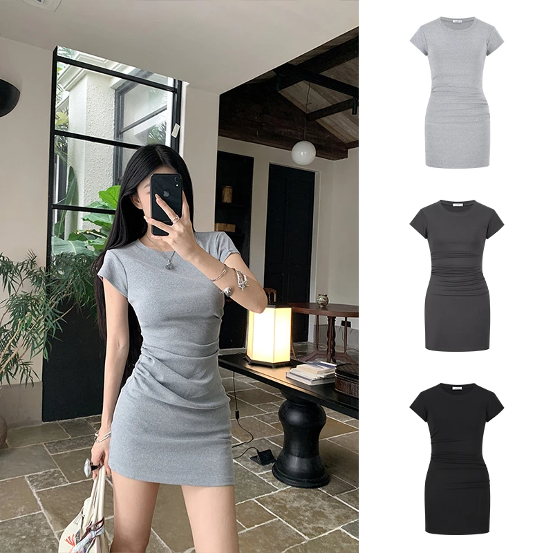 Moses Queen/魔西女王 小飞袖皱褶包臀裙连衣裙夏季收腰显瘦短裙