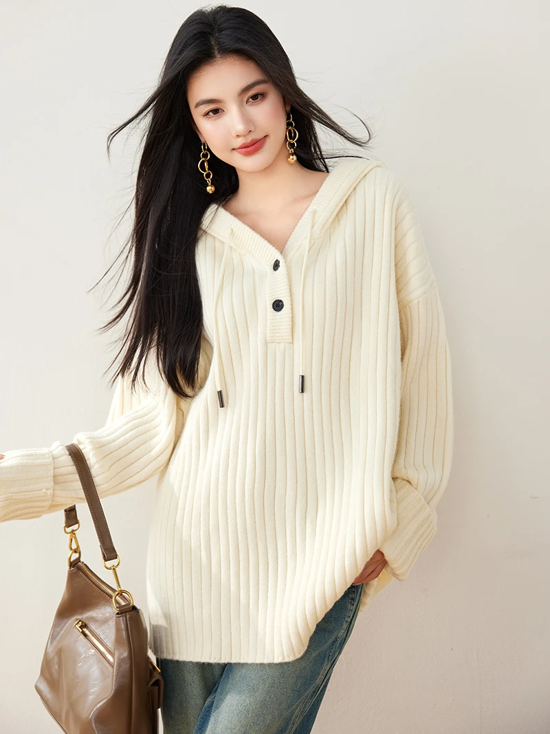 职业阿玛诗官2025秋冬新款坑条连帽宽松软糯慵懒内搭针织卫衣外套