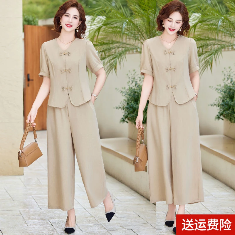 妈妈夏装新款套装洋派中老年女夏季短袖恤两件套新中式上衣