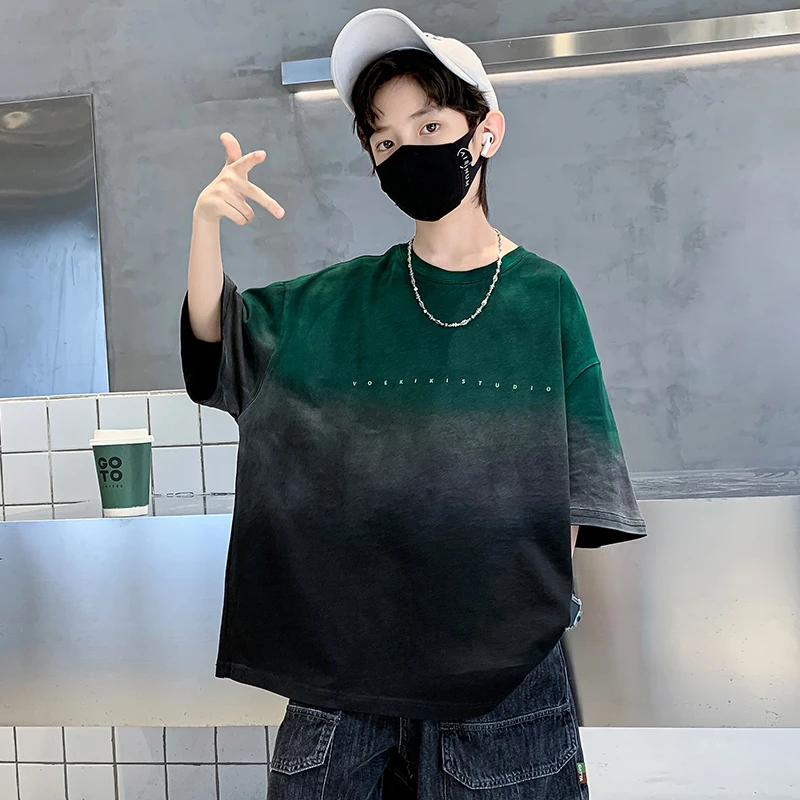 男童渐变扎染t恤短袖2025新款男孩夏装上衣儿童装夏款中大童夏季t