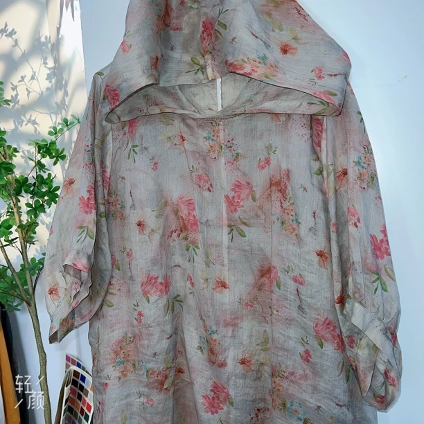 大码苎麻数码印花圆领帽衫防晒服150-240斤