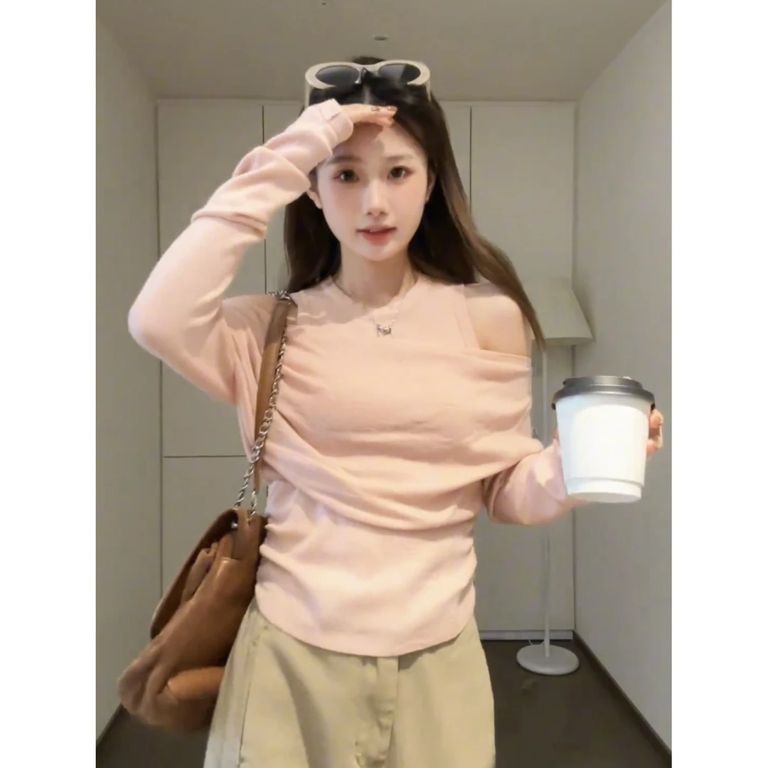 法式纯色一字肩假两件挂脖针织衫女春季纯欲bm风短款修身露肩上衣