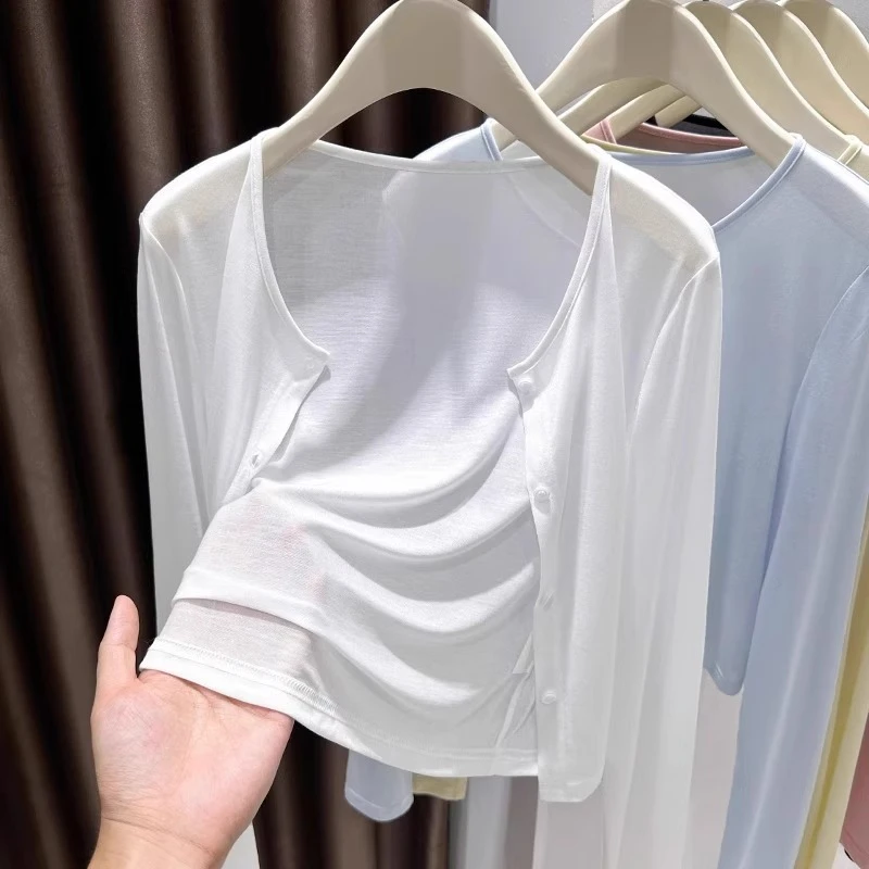 芊芊芙白色长袖披肩开衫女夏季冰丝凉感上衣配吊带裙外搭防晒罩衫