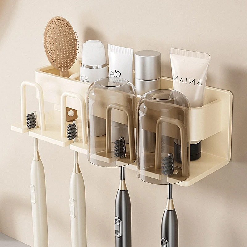 奶油风电动牙刷置物架免打孔卫生间漱口杯牙杯收纳壁挂式贴墙架子
