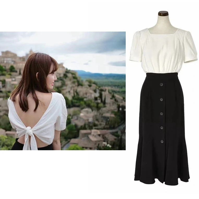 现货HLT小dao阳菜同款背后兔耳拼接撞色法式连衣裙性感纯欲通勤