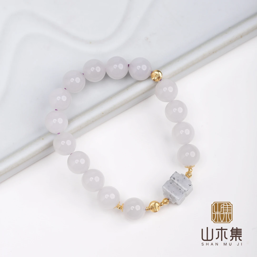 【点墨玉琮】（18K金）烟紫和田玉0.98+青花点墨单圈手串￥￥（多样性）
