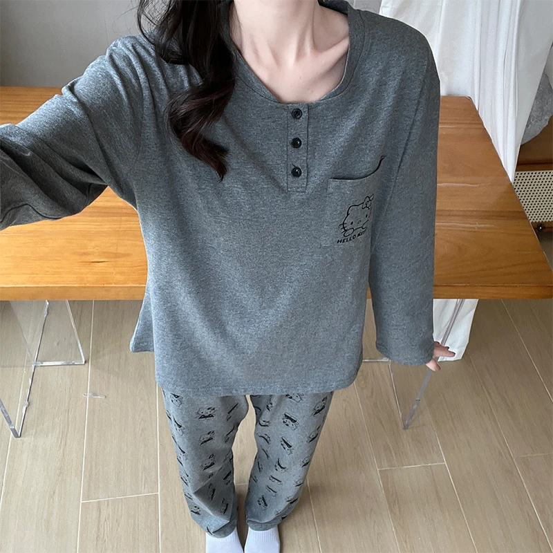 Meng luan/梦鸾新款卡通小猫口袋睡衣女可外穿纯棉长袖家居服套装