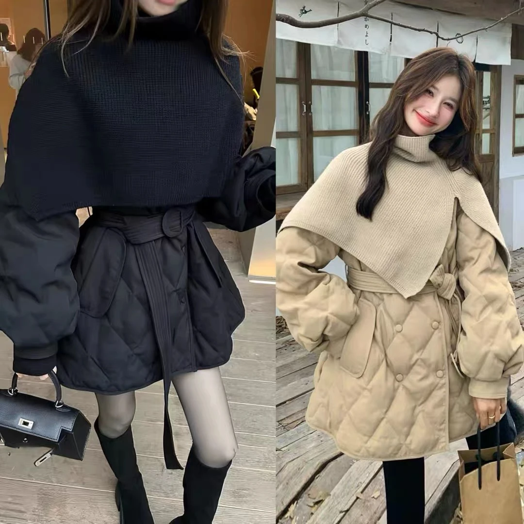 针织披肩中长款收腰加厚冬季韩系冬季女棉服氛围感百搭显廋时尚