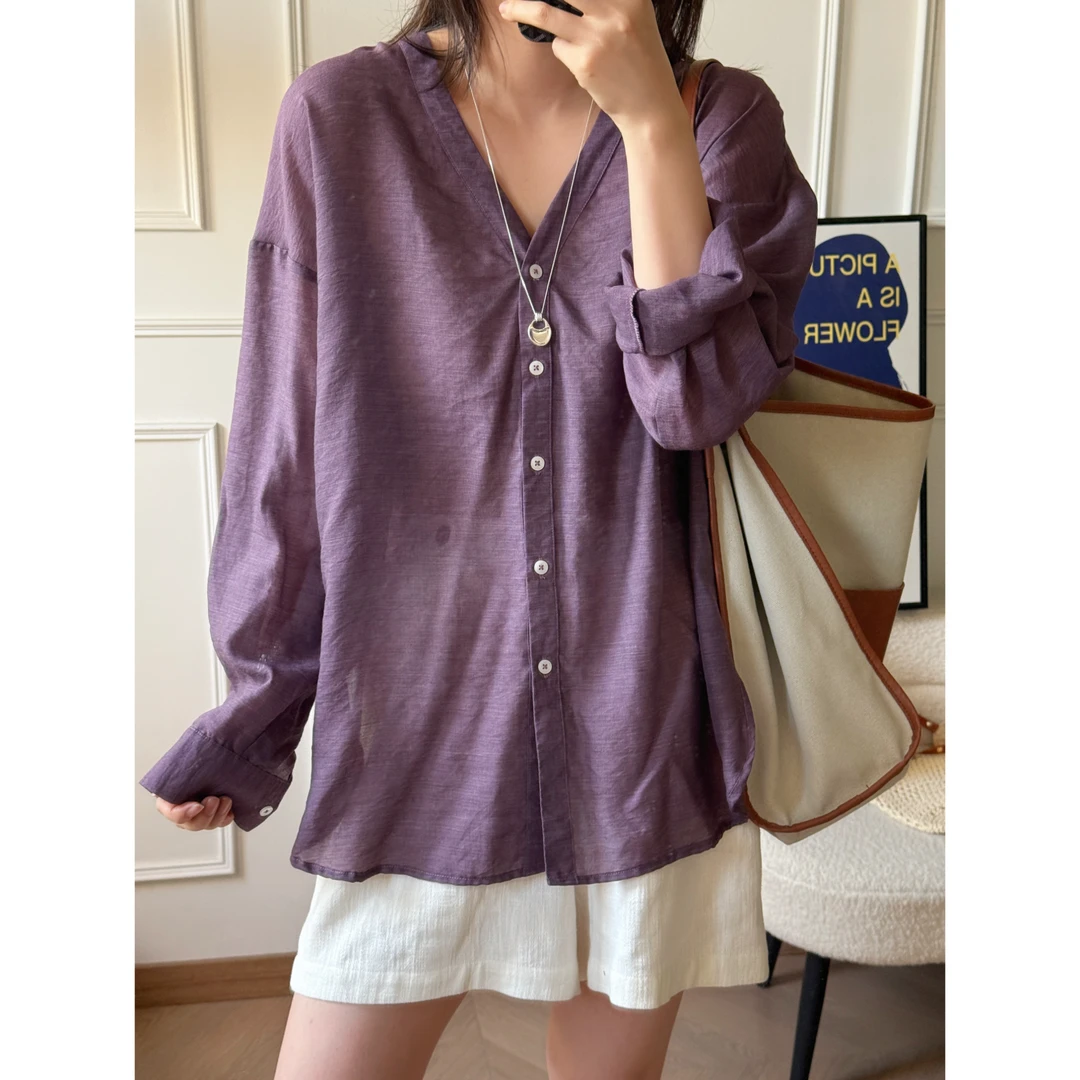 美亚恩NANA【南法假日】老钱风莱赛尔V领衬衫长袖防晒衬衣C0312