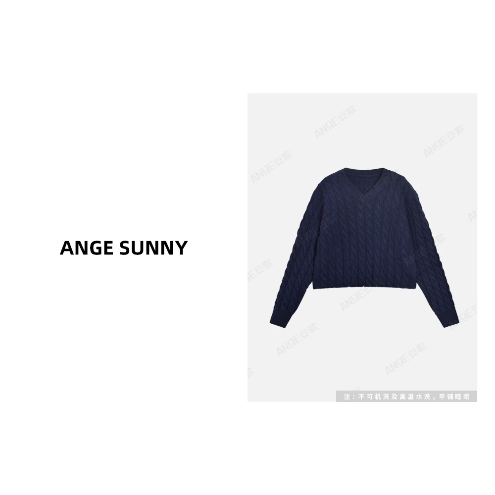 ANGE SUNNY【小m*u麻花V领羊毛衫】字母刺绣粗绞花针织毛衣