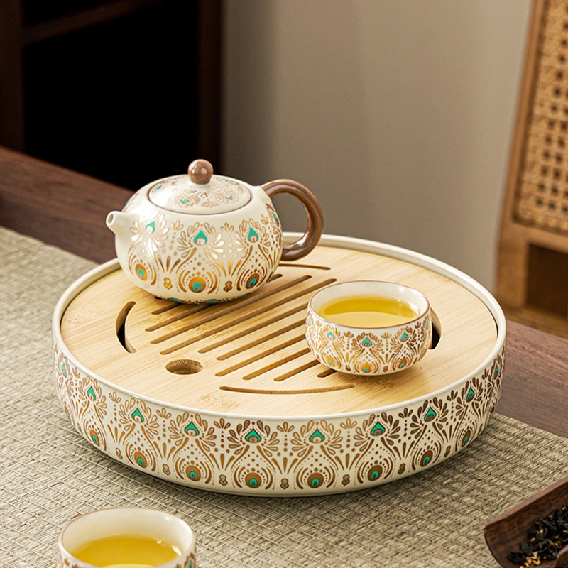 家用托盘储水泡茶盘汝窑敦煌圆形茶盘复古泡台茶具沥水蓄水茶托盘