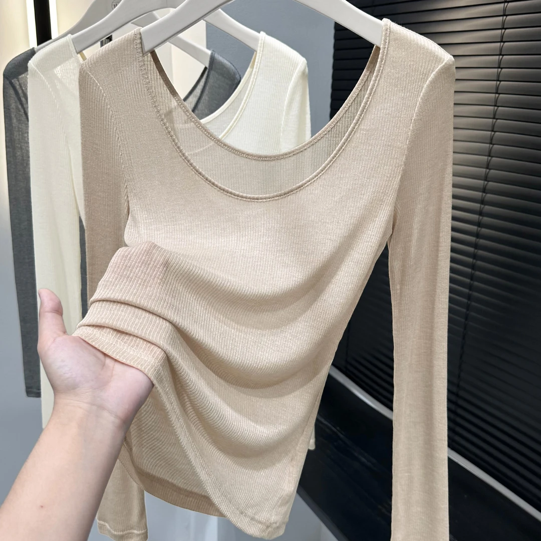 卡其色大圆领长袖T恤设计感小衫轻薄款上衣女软糯螺纹针织打底衫