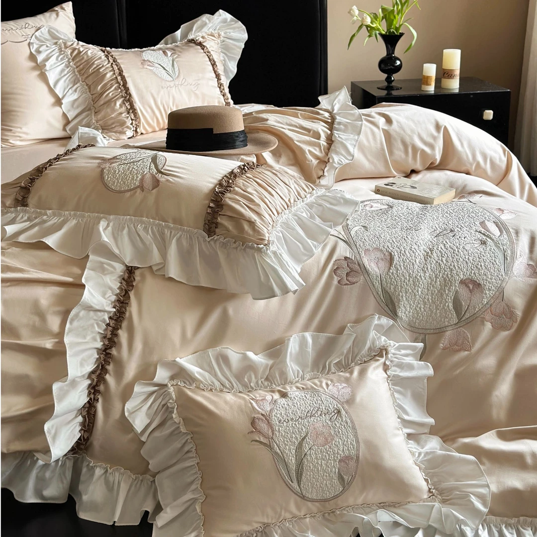 锦缎莳花/法式复古全棉长绒棉四件套精美刺绣褶皱荷叶边床上用品
