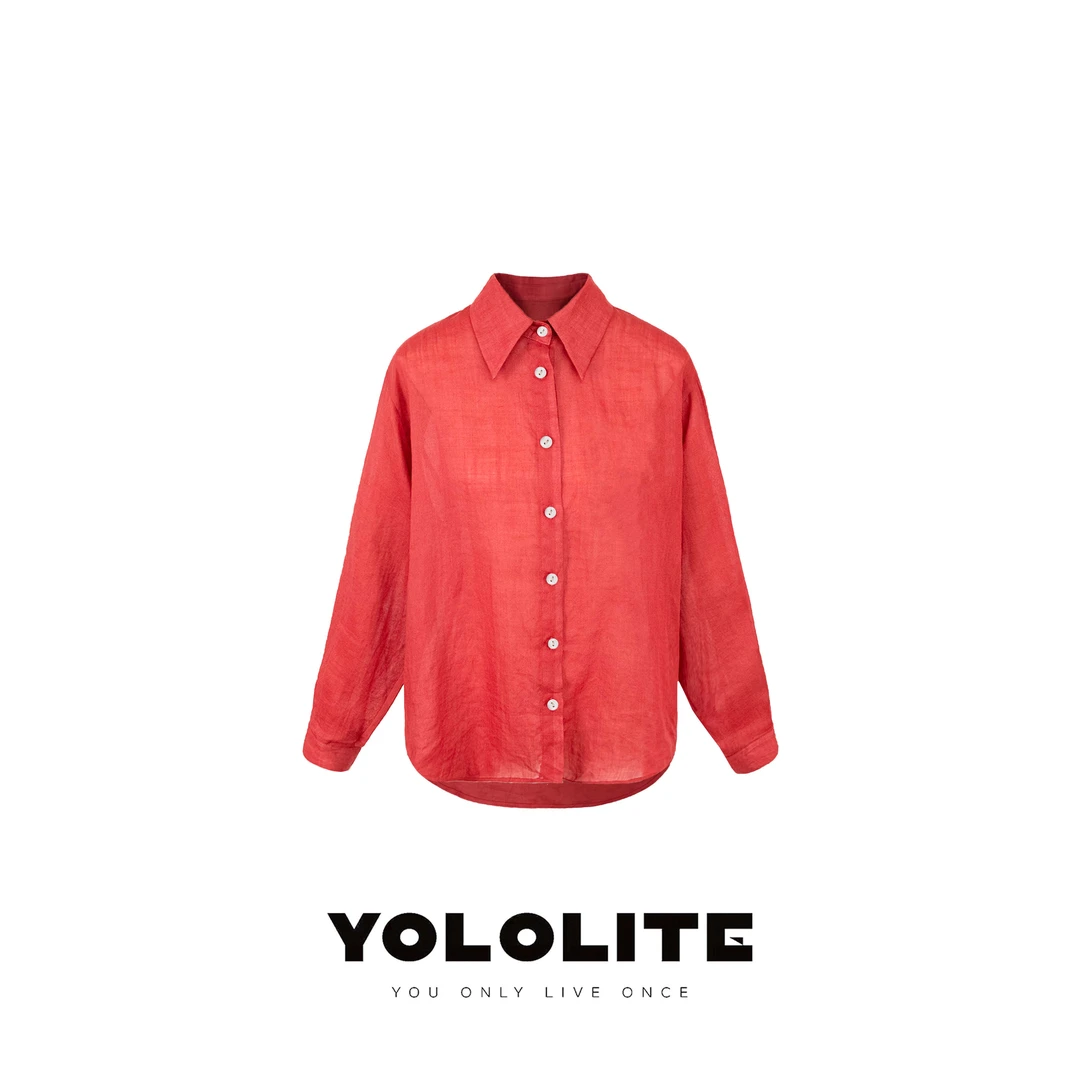 YOLOLITE【中国红】2726托斯卡纳风红色上衣含苎麻长袖宽松衬衫女