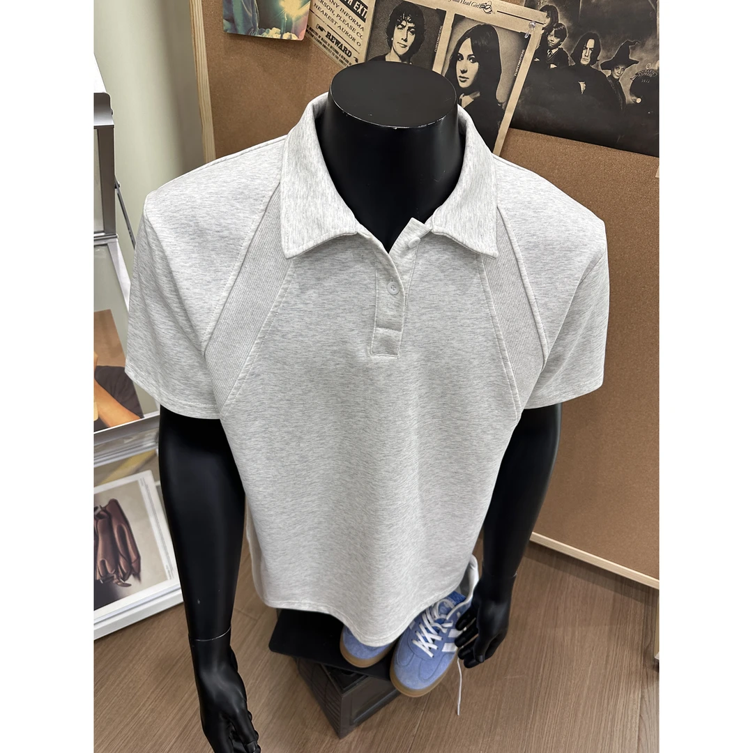 白花灰色正肩短袖男款夏季polo衫拼接设计感t恤重磅衬衫领五分袖