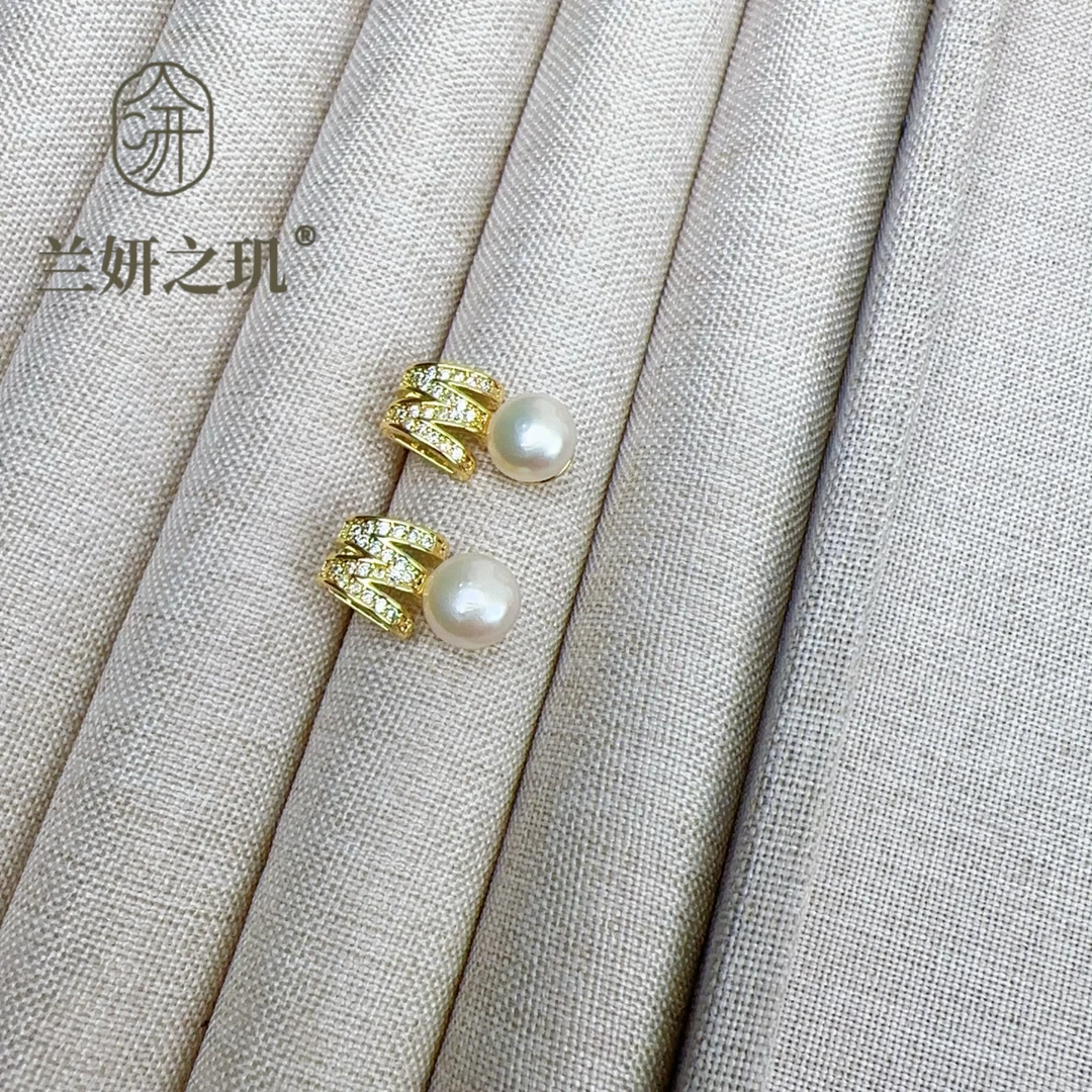 淡水珍珠 S925银针耳饰8mm天然珍珠M镶锆珍珠耳钉 小众个性 8118