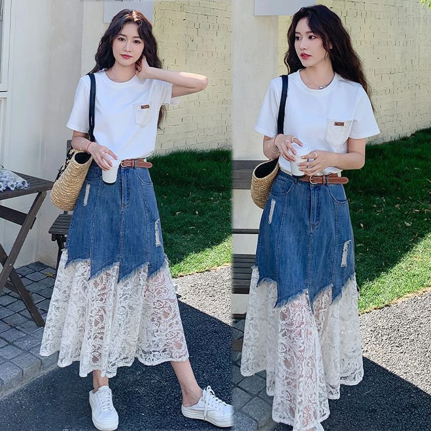 韩系休闲套装裙女夏季新款独特好看短袖T恤蕾丝拼接牛仔半身裙子