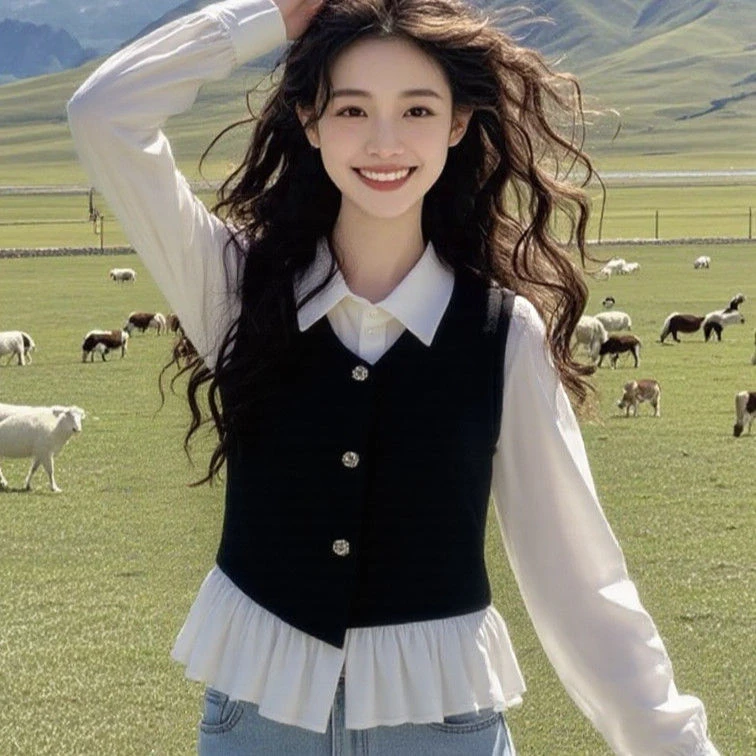 黑色拼接假两件衬衫女2025春季新款设计感小众通勤减龄绝美小上衣