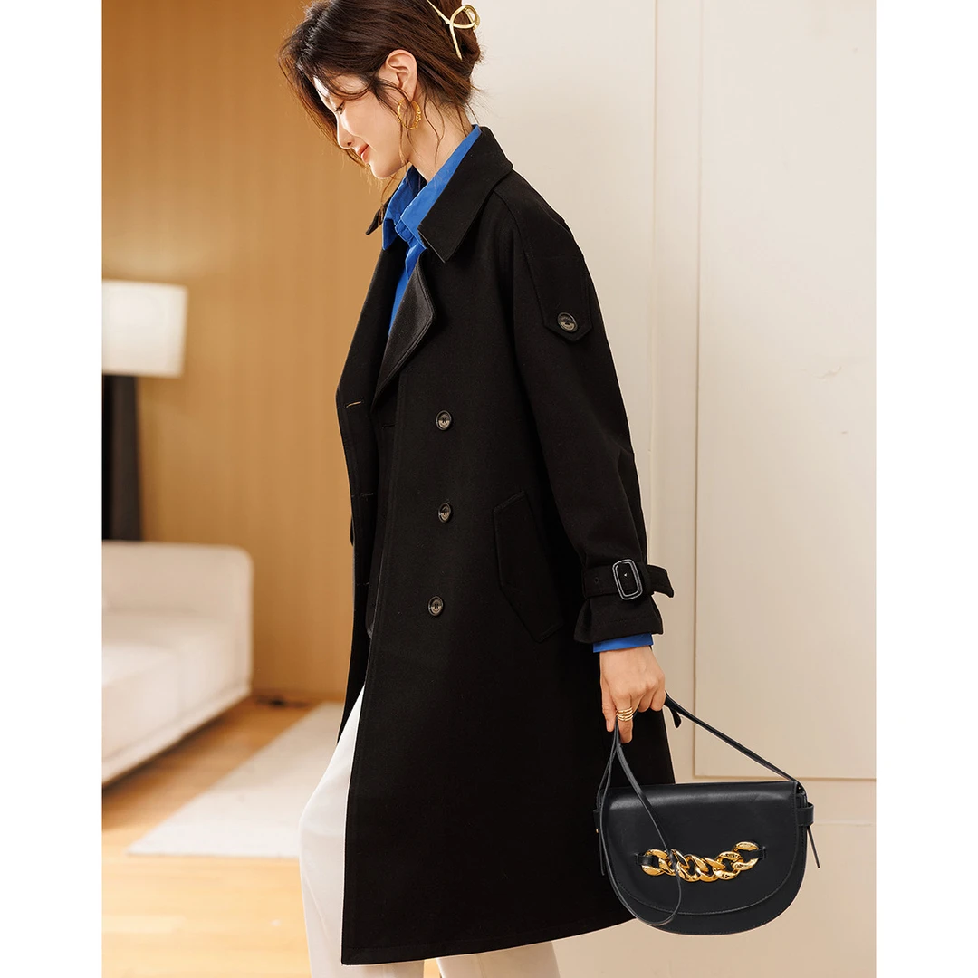 休闲百搭洋气款双排扣长款收腰腰带毛呢大衣2134030007