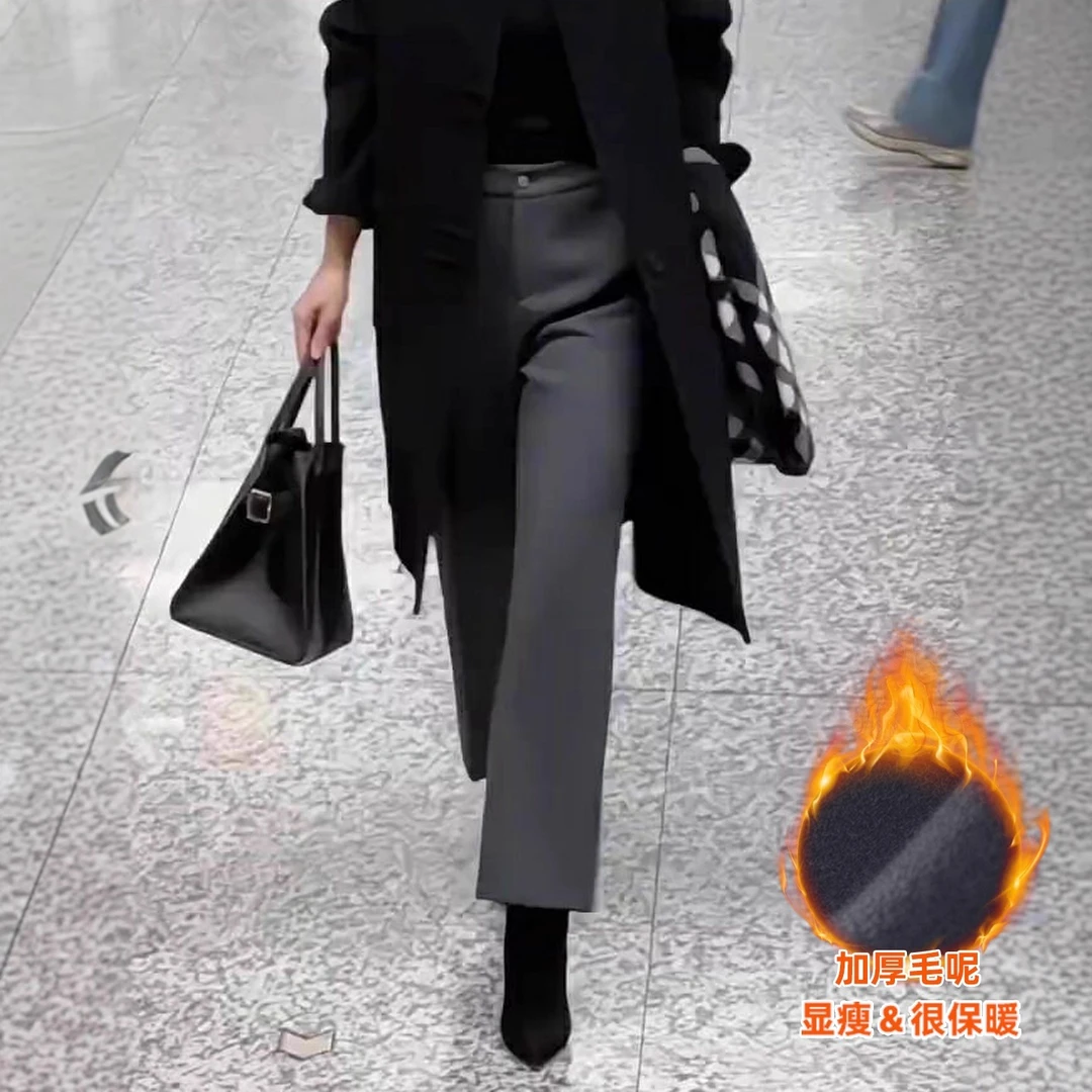 灰色毛呢裤子女士2025秋冬新款季巨好看直筒窄版阔腿裤加厚休闲裤