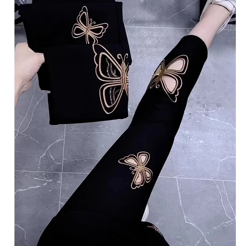 秋季薄款大码黑色镂空牛仔裤女梨形身材高腰显瘦直筒九分烟管裤子