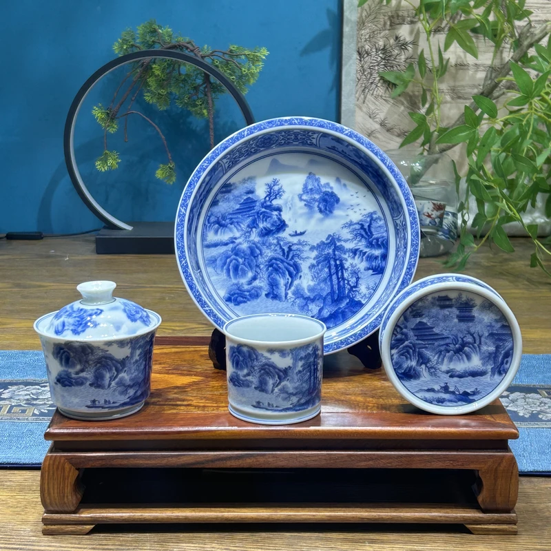 景德镇陶瓷重工青花山水春山图釉下整套茶具中式家用高端功夫茶器