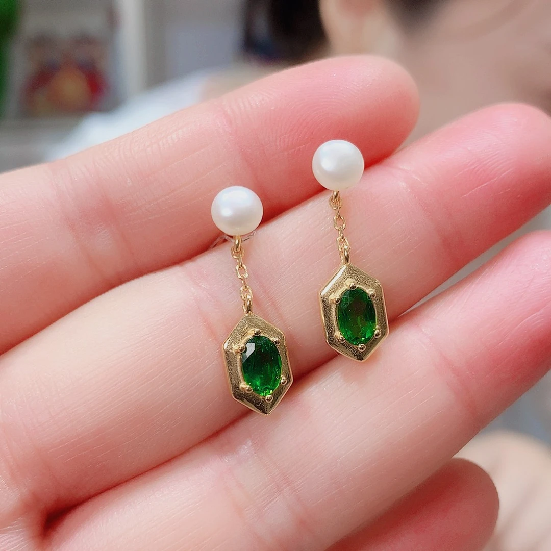 透辉石耳钉银S925镶嵌