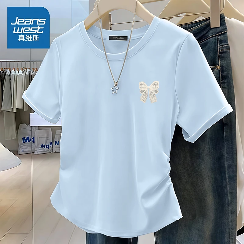 真维斯蓝色蝴蝶结正肩短袖女2025夏季新款收腰显瘦时尚高级感上衣