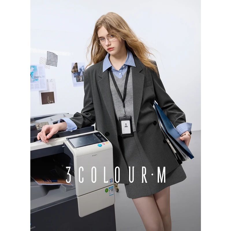 三彩2025春季新款宽松西装外套正肩长袖上衣双排扣复古通勤女M