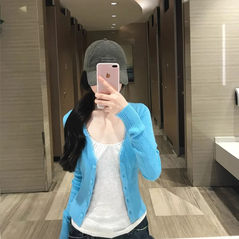 6-8运补慵懒周末 花边蓝色针织开衫女春季修身气质长袖V领上衣