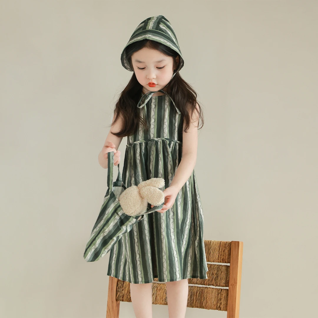 utouto大耳象女童曲线条纹连衣裙＆绑带帽＆手拿包2024夏2303862