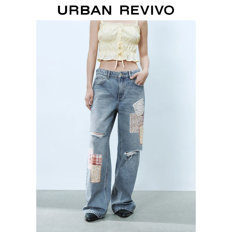 【明星同款】UR2025春季新款女装贴布印花牛仔长裤UYL850062