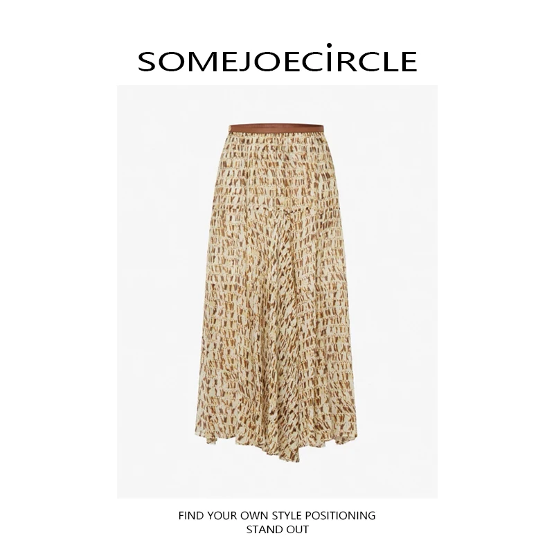 夏季潮流百搭新款拼接皮腰头印花半裙Q413