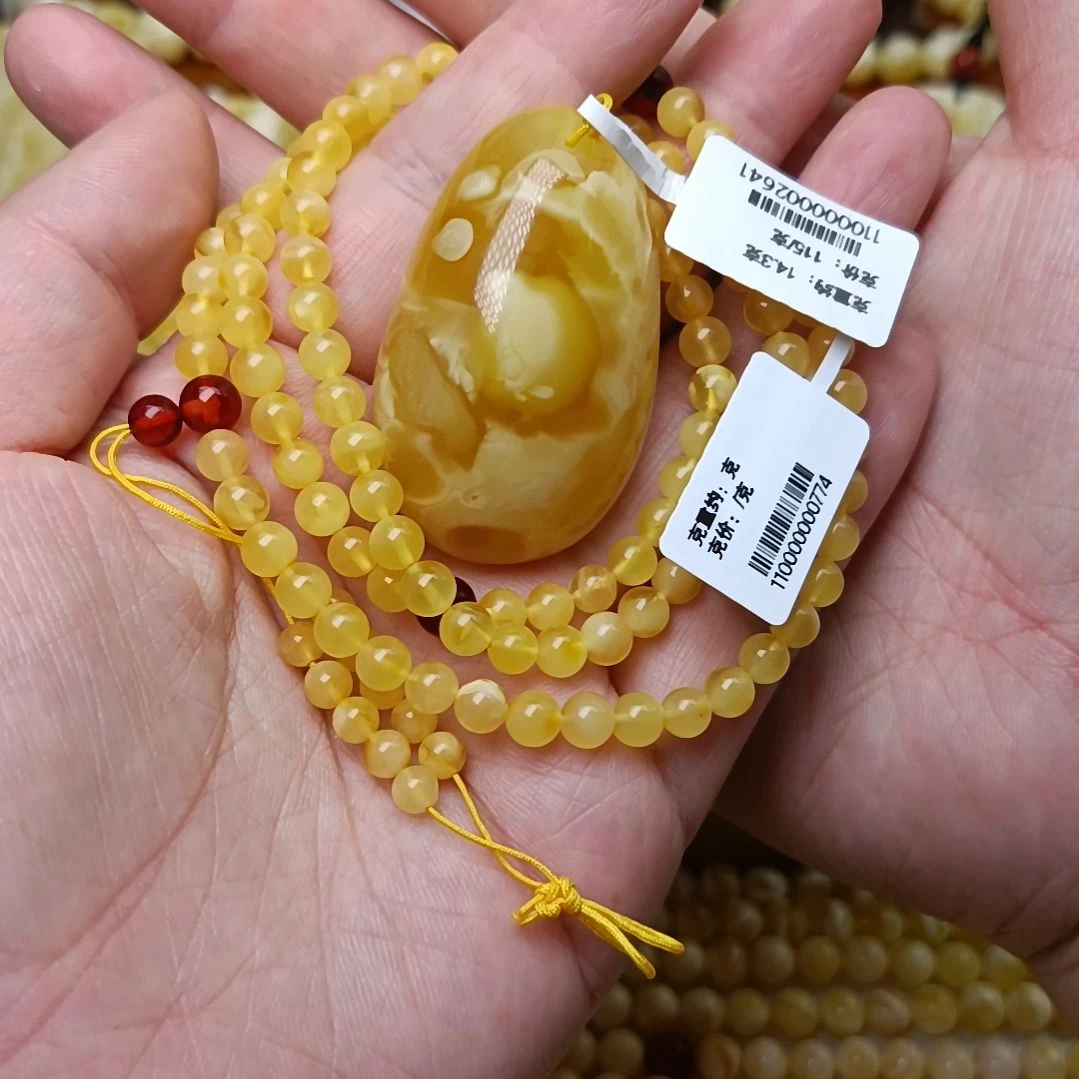 蜜蜡裸石未镶嵌青****产水滴8圆珠108套组