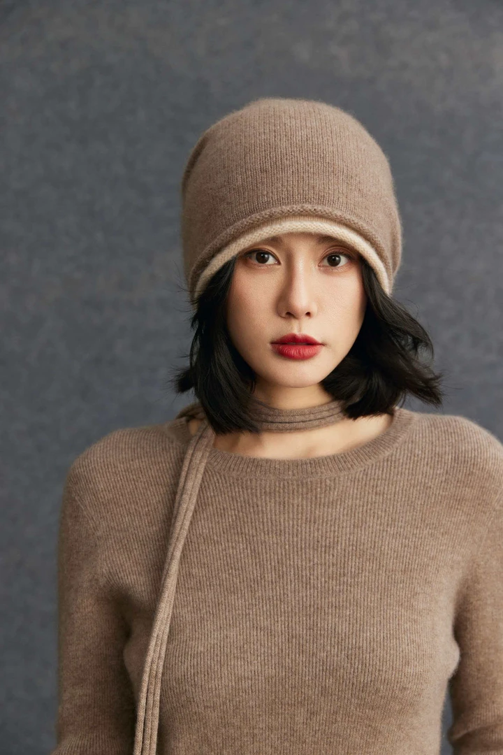 57#w-403 时尚针织羊绒帽双层帽檐