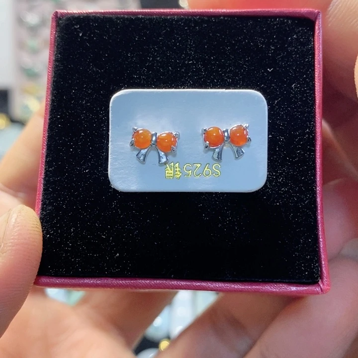 翡翠银S925镶嵌耳饰缅甸翡翠A货红翡耳钉