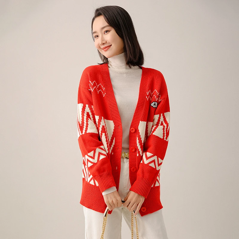 【新年系列】女装撞色V领针织开衫 51A083322